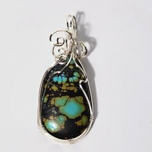 Tibetan Turquoise Pendant: .925 Sterling Silver Wire Wrapped